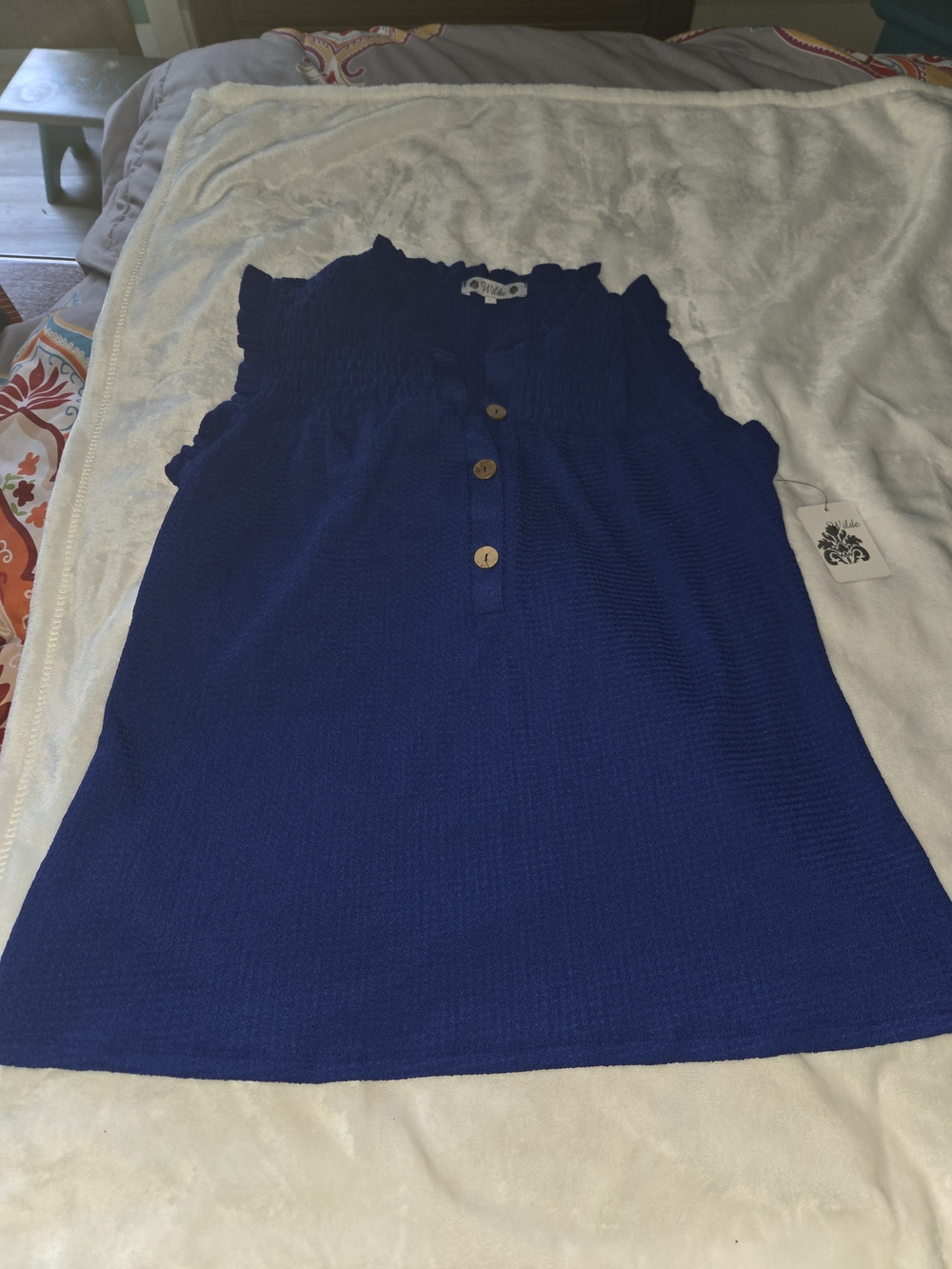 Royal Blue Smocked Sleeveless Button-Front Top